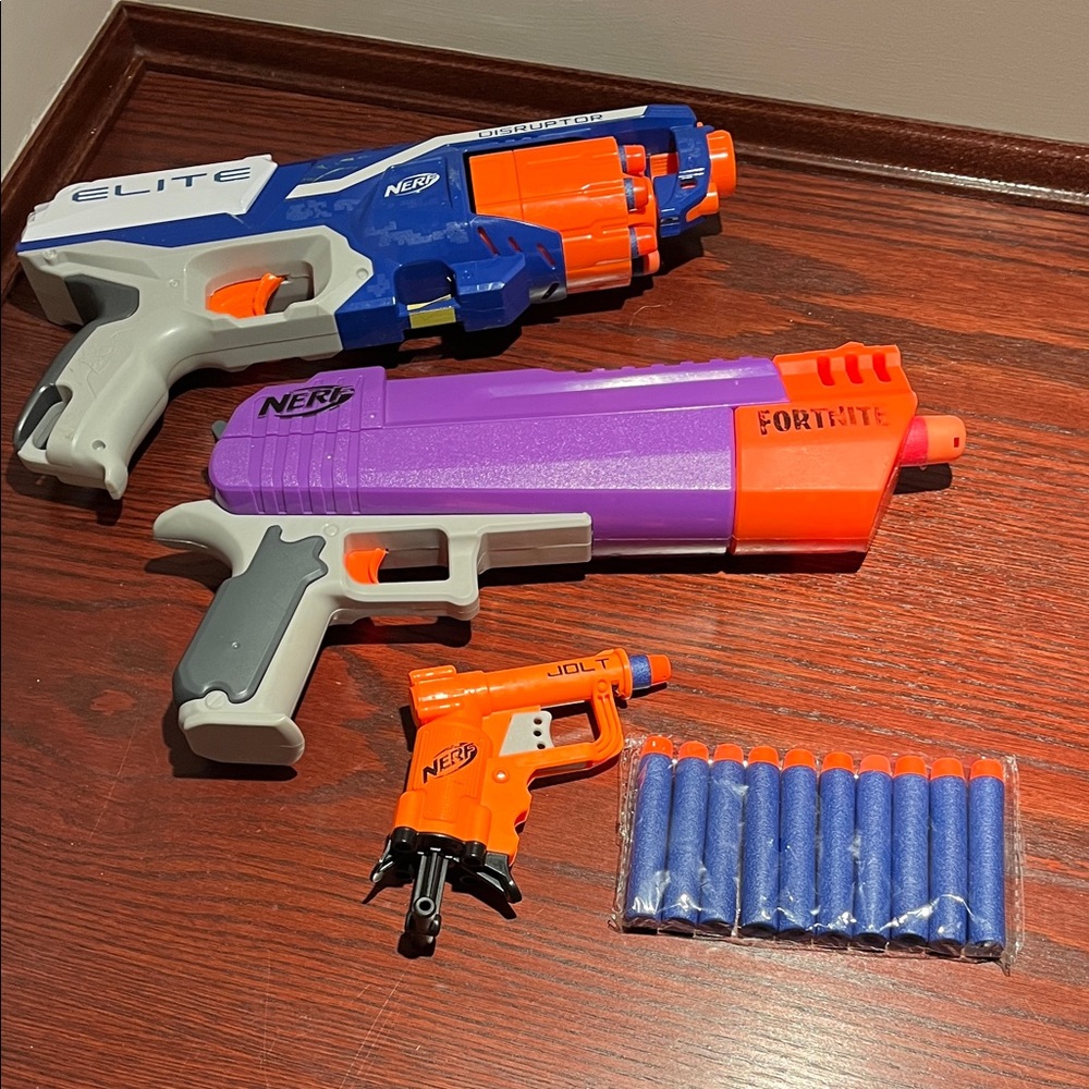 Nerf Blaster Trio Set - Blue, Purple, and Orange (3 working guns + bullet pack)
